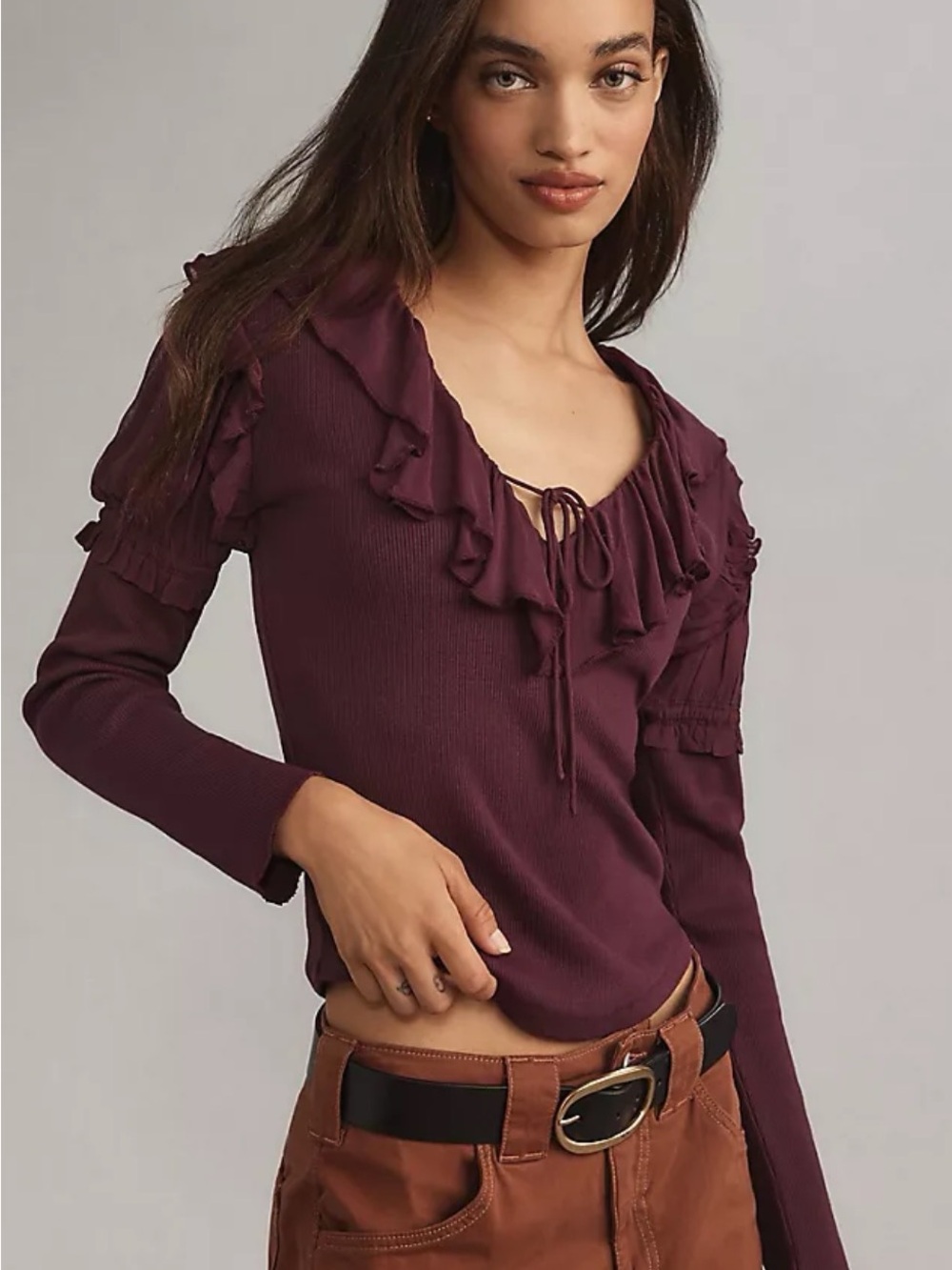 BY ANTHROPOLOGIE Purple Cottagecore Vamp Ruffle Puff Sleeve Ribbed Vneck Top XS
